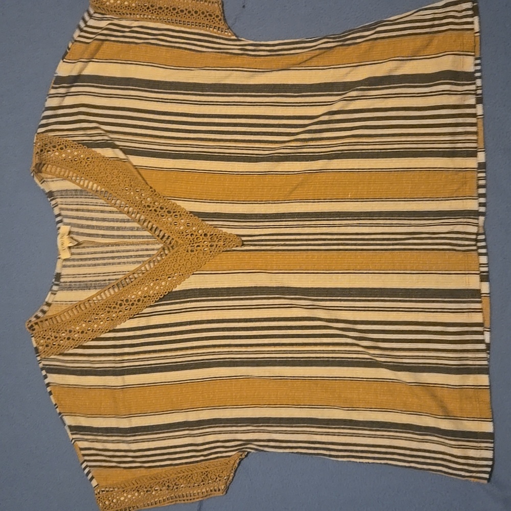 Tan, grey, and cream vertical striped short sleeve  shirt